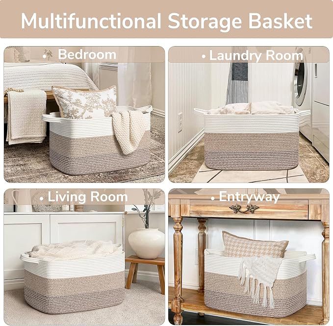 Goodpick Large Woven Rope Blanket Basket, Rectangle, Light Brown | 21.6'' x 14.9'' x 11.8'' Storage Basket for Toys, Blankets & Clothes, Living Room & Nursery Organization, Reinforced Handles