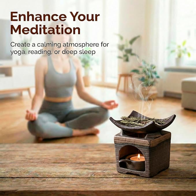 Ceramic Essential Oil Diffuser and Wax Melt Warmer, Aromatherapy Candle Stove Teapot Warmer, Handmade Zen Decor Incense Burner Palo Santo Holder for Home Fragrance Room (Brick Square)