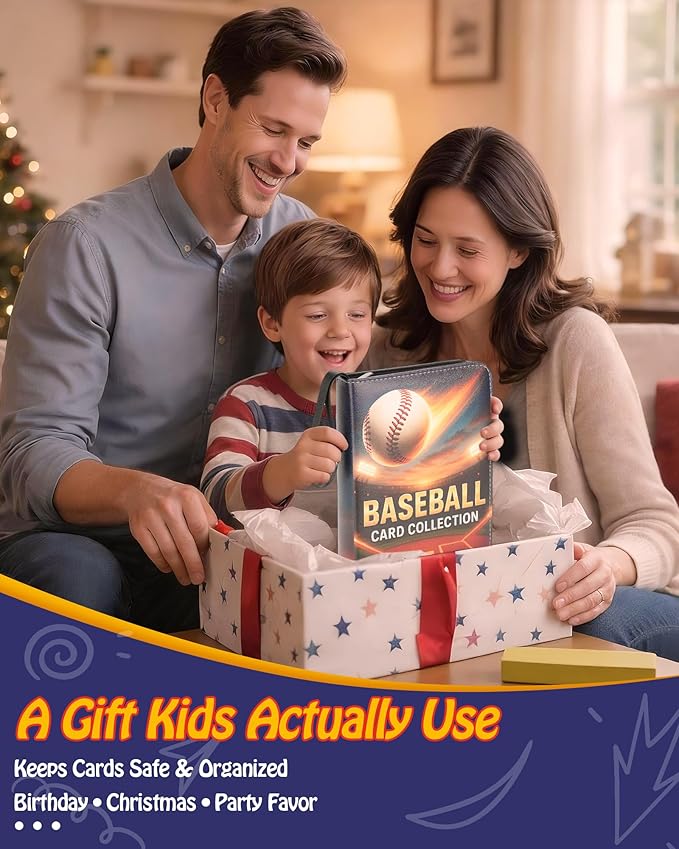 Best baseball card binder 4-Pocket holds 480 cards, 120 pages side-loading, PU leather zip waterproof cover, acid-free pages, for home storage & card shows, baseball cars binder, gift kids boys girls!