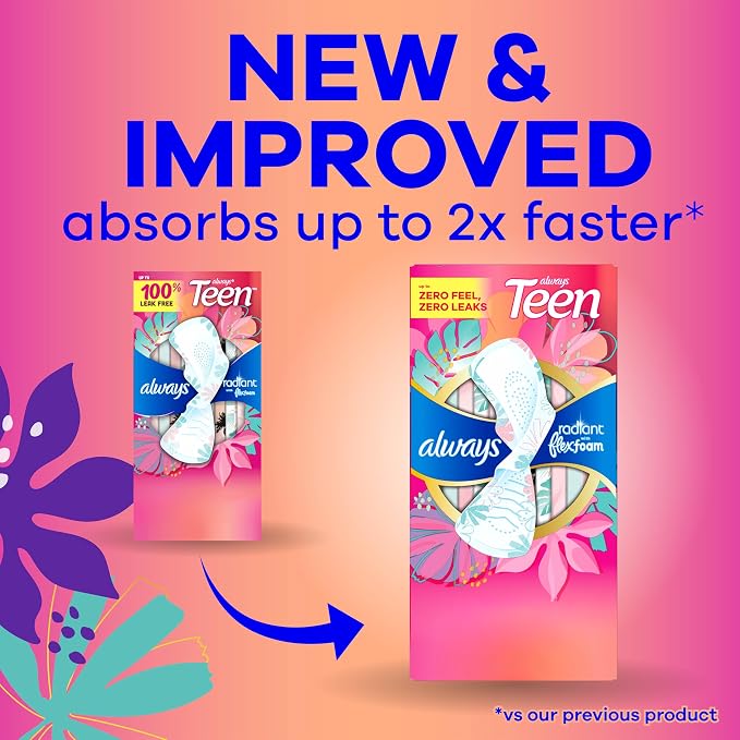 Always Radiant Teen Feminine Pads for Women, Size 1 Regular Absorbency, with Wings, Unscented, 14 Count