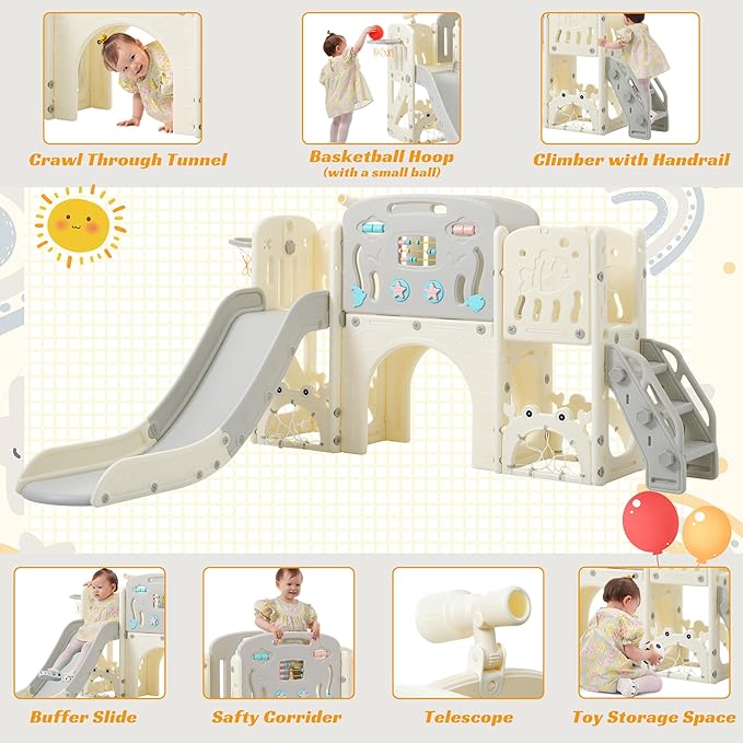 11in 1 Toddler Slide, Kid Slide for Toddlers Age 1-3 with Telescope, Basketball Hoop, and Telescope, Indoor Outdoor Playset Playground Grey Beige