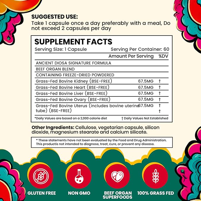Female-Focused Beef Organ Complex Supplement 338 mg - Hormone Balance & Vitality Support for Women - 100% Grass Fed - Third Party Tested, USA Made, Gluten Free, Non GMO - 60 Capsules