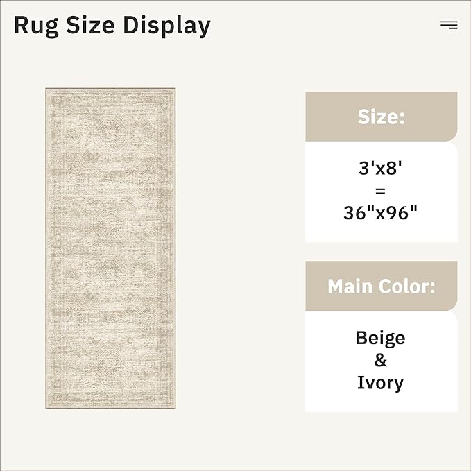 Soalmost Washable Kitchen Runner Rug 3x8 Hallway Entry Rugs Non-Slip, Beige | Vintage Runners 8ft for Bathroom Laundry Room, Foldable Low-Pile Floor Carpet Mat for Entryway Corridor Bedroom