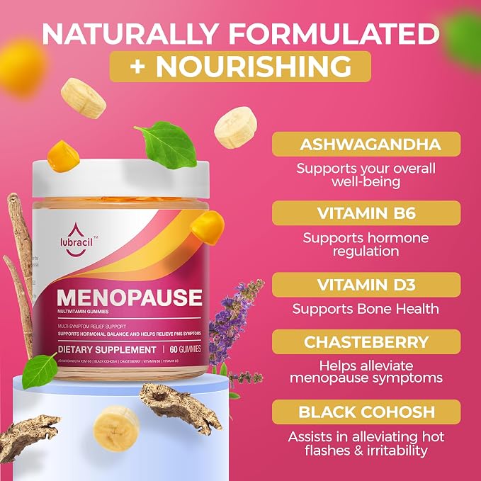 Lubracil Menopause Gummies for Women, Supplement Formula, 60 Gummies-1 Pack | Hormone-free menopause gummies with Black Cohosh & Ashwagandha minimize hot flashes and promote emotional wellness naturally
