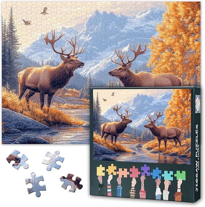 Jigsaw Puzzles 1000 Pieces, Moose Adult Jigsaw Puzzles, Natural Scenery Puzzle 1000 Pieces for Adults, The Elk in The Mountains Puzzle Challenging Game Finished Size 19.5 x 27.5 Inch