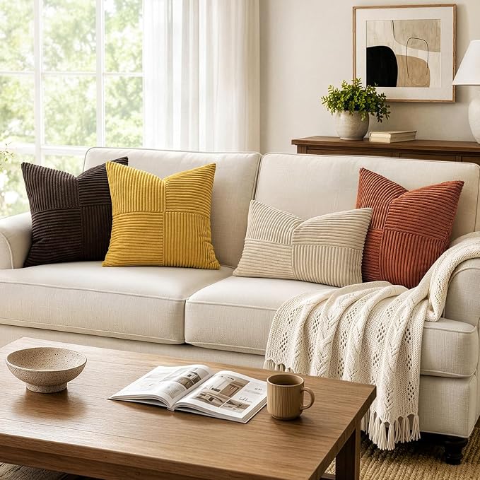 MIULEE Mustard Yellow Decorative Euro Sham Pillow Covers 24x24 Inch 2 Pack | Boho Farmhouse Pillow Covers, Soft Cross Corduroy Patchwork Textured Cushion Cases For Couch Bed Sofa