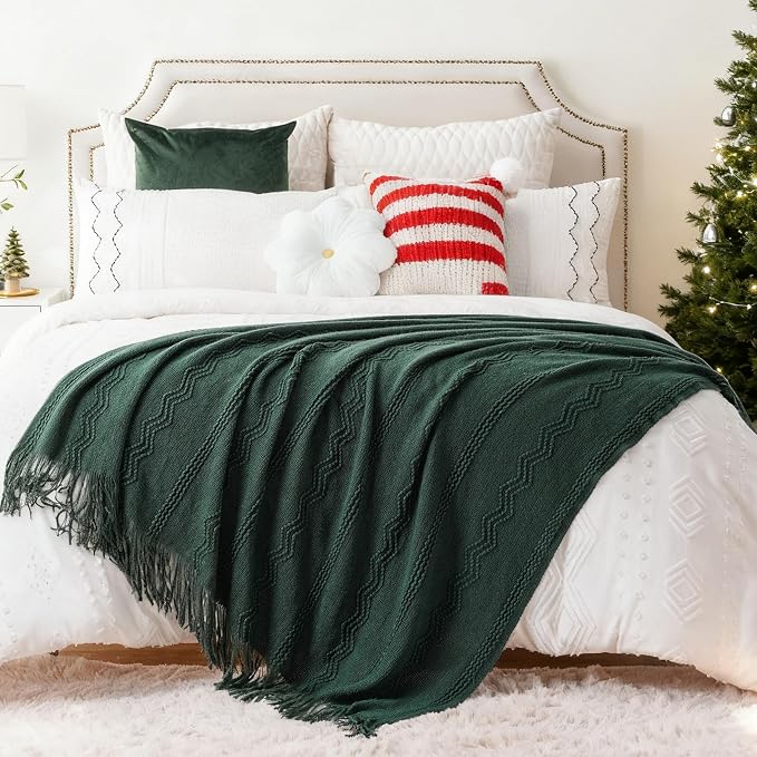 BATTILO HOME Christmas Décor Green Throw Blanket for Couch, 50"x60" | Boho Knit Bed Throws, Dark Green Throw Blanket for Home Decor