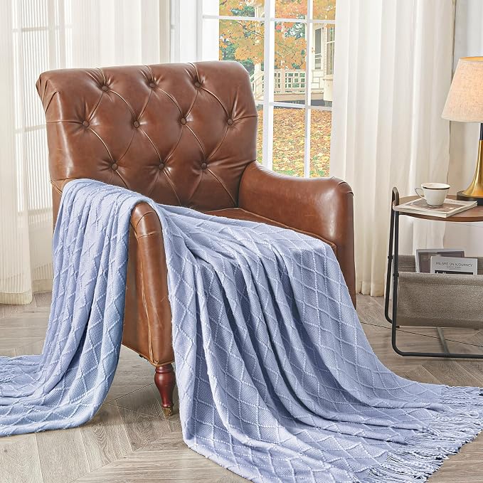 inhand Ashley Blue Knitted Throw Blanket for Couch and Bed, 50"x60" | Soft Living Room Home Decor Knitted Blanket with Tassel, Outdoor Lightweight Breathable , Farmhouse Warm Woven Decorative