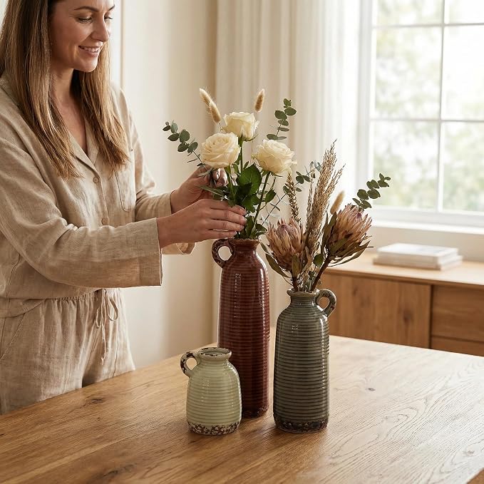 Ceramic Vase Set of 3 with Handles, Brown Neutral Rustic Modern Farmhouse Boho Decor, Versatile as Table Centerpiece or Mantel & Shelf Accent - Unique Home Gift Idea