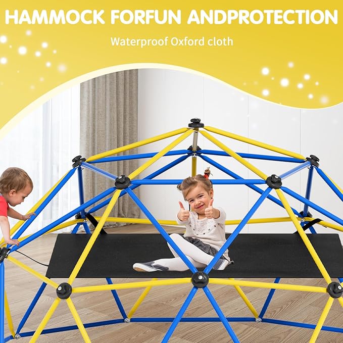Climbing Dome,10FT Dome Climber with Hammock, Outdoor Play Equipment for 3 to 10 Children, Supports Jungle Gym up to 1,000 lbs, Rust Resistant, Easy to Assemble, Gift for Kids, Blue+Yellow