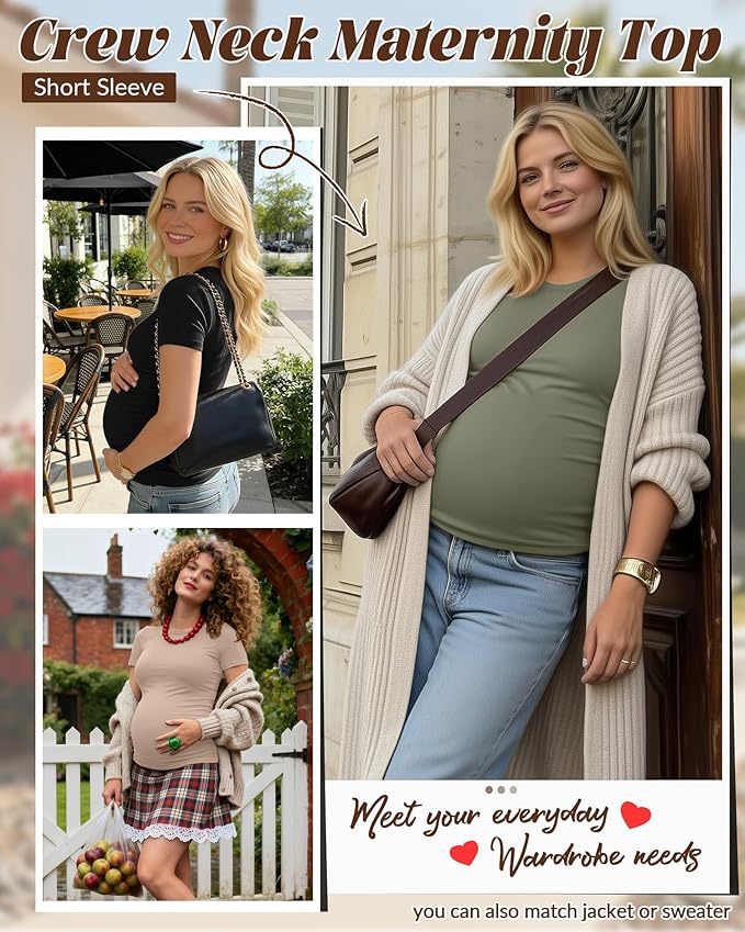 Huukeay 4 Pack Women's Maternity Shirts, Crew Neck Maternity Top Short Sleeve Casual Cotton Tee Side Ruched Pregnancy Clothes