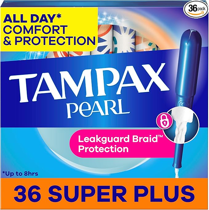Tampax Pearl Tampons, with LeakGuard Braid, Super Plus Absorbency, Up to 100% Leak and Odor Free Protection, Unscented, 36 Count
