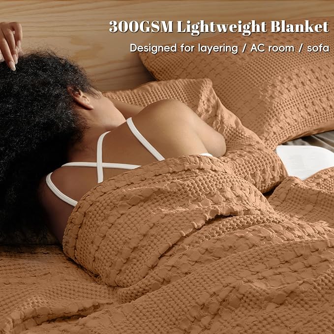 PHF 100% Cotton Waffle Weave Blanket King Size, Lightweight Breathable Summer Blanket for Hot Sleepers, Pre-Washed Soft Layer for Bed, Couch, Home Decor Gift, 108"x90", Clay