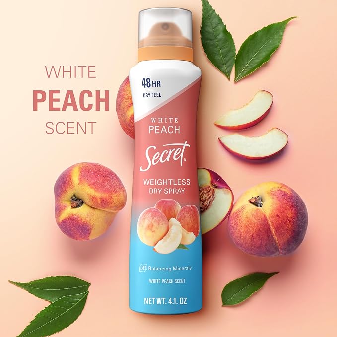 Secret Dry Spray Antiperspirant Deodorant for Women, 48hr Weightless Sweat & Odor Protection, Gentle on Skin, White Peach Scent, 4.1 oz (Pack of 3)