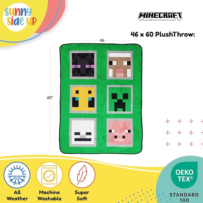 Sunny Side Up Minecraft Soft Plush Throw Blanket - Measures 46 x 60 Inches - Super Soft & Cozy Fleece Kids Bedding Features Creeper & Enderman