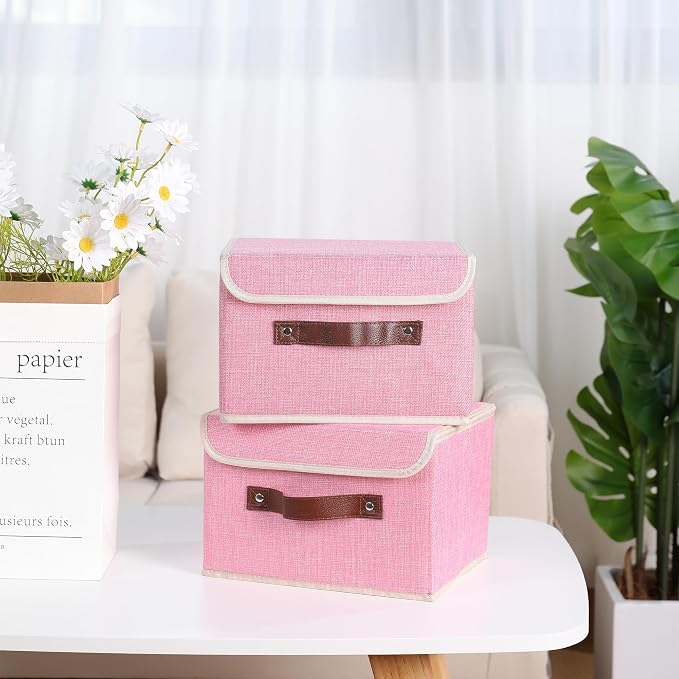 ANMINY Fabric Storage Box Bins with Lids, Pink, 13"x9"x7.9" | Keepsake Memory Storage, Cotton Linen, PP Board Reinforced, Washable, PU Handles, Foldable & Stackable, Decorative, Medium
