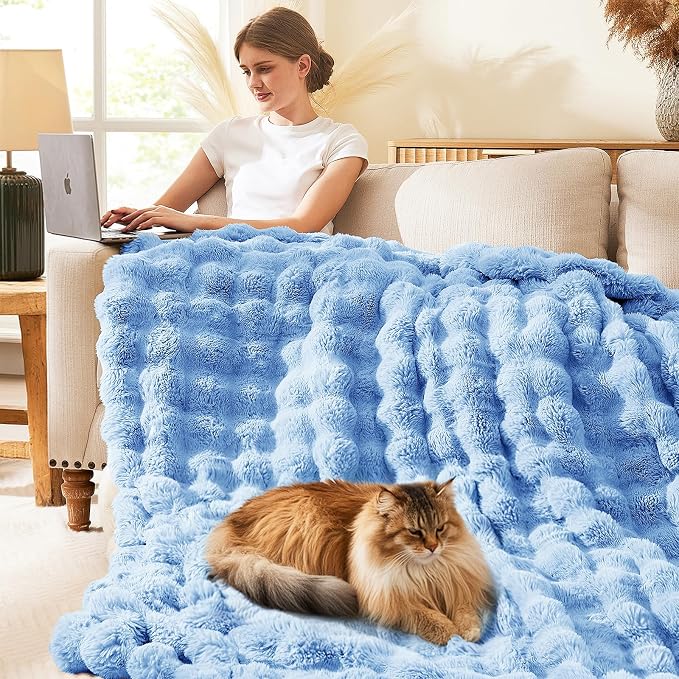 L'AGRATY Faux Rabbit Fur Throw Blanket for Couch, 90'' x 90'', Airy Blue | Soft Cozy Bubble Fluffy Blanket for Sofa Bed, Thick Warm Plush Fuzzy Throw for Room Home Decor, Luxury Gift for Women Mom