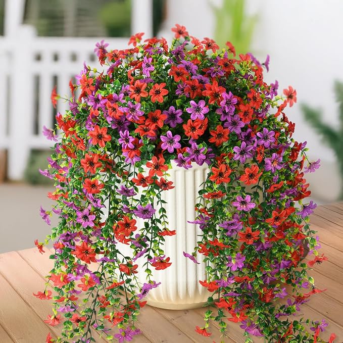 Artificial Hanging Flowers Plants for Outdoor Spring Summer Decoration | 2 PCS Faux Silk Daisy with Eucalyptus Leaves,UV Resistant Look Real for Outside Home Planter Porch Patio Balcony Yard Decor