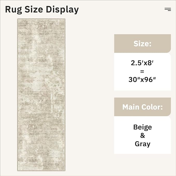 Soalmost Runner Rug 2'6"x8' Kitchen Hallway Runners Abstract Beige/Gray | Washable Non-Slip 2.5x8ft Carpet Entryway Bathroom, Low Pile Vintage Foldable Floor Mat for Corridor Laundry Room Bedroom