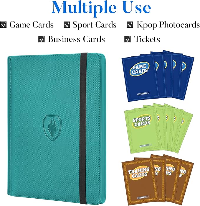 Premium 9 Pocket Card Binder for 360 Cards, Fabmaker PU Cover Trading Card Binder, Sturdy Card Collection Album, Sleek Card Holder Folders for Game Cards & Sports Cards, Turquoise