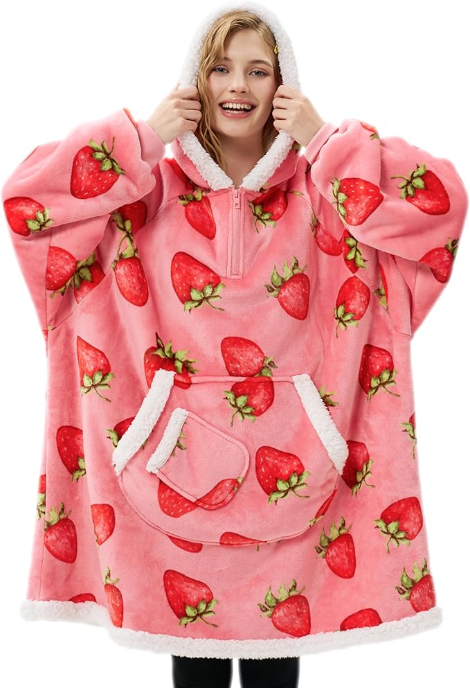 Giggling Getup Wearable Blanket Hoodie for Adults Gifts for Teen Girls Sister Women Sherpa Fleece Printed Hooded Blanket Sweatshirt Warm Cozy with Pocket & Sleeves Pink Strawberry