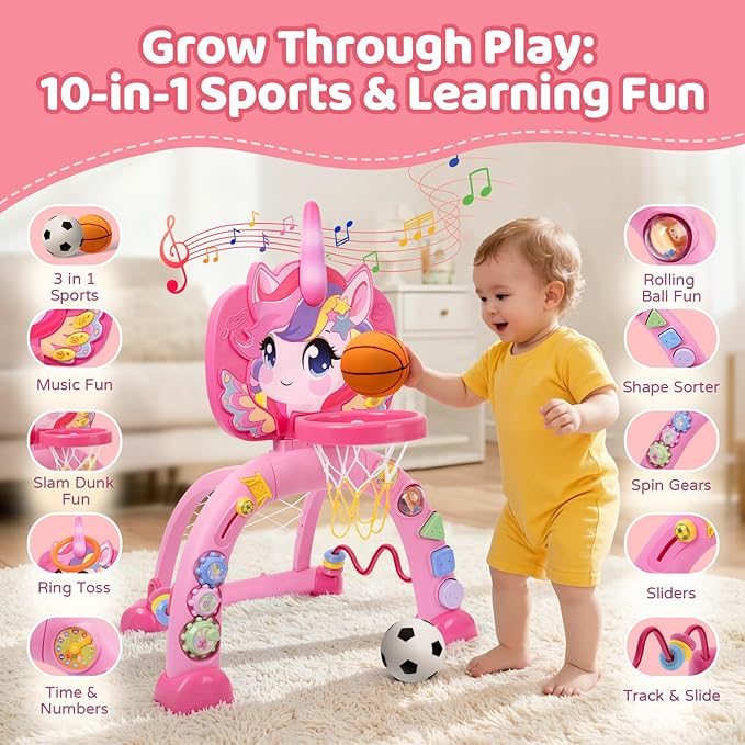 Fabeto Basketball Hoop & Soccer Goal for Toddlers – 3-in-1 Sports Play Set with Ring Toss | Indoor Outdoor Activity Toy for 1 2 3 Year Old Boys | Birthday for Active Play (Pink)