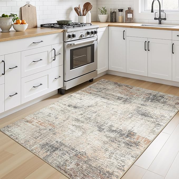 3x5 Area Rug for Entryway, Gold Abstract Washable Non-Slip Rug for Kitchen | Low Pile Soft Small Rugs, Abstract Carpet for Bathroom Bedroom Tool Room, Stain Resistant Foldable Distressed Rug