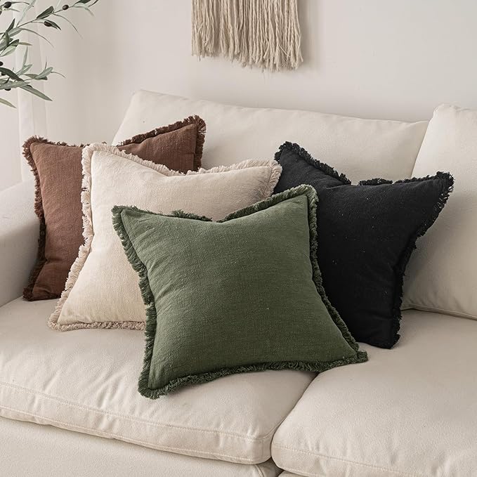 MIULEE Boho Linen Fringe Decorative Throw Pillow Covers Black 18x18 | Set of 2, Cottagecore Decor, Boho Farmhouse Neutral Pillow Covers, Rustic Couch Cushion Cases for Sofa Bed Living Room