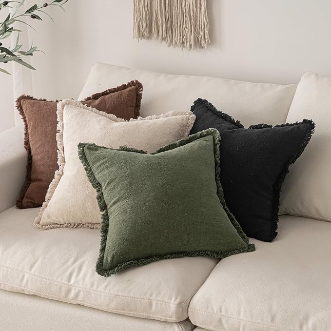 MIULEE Boho Linen Fringe Decorative Euro Throw Pillow Covers Black 22x22 | Set of 2, Cottagecore Decor, Boho Farmhouse Neutral Pillow Covers, Rustic Couch Cushion Cases for Sofa Bed Living Room