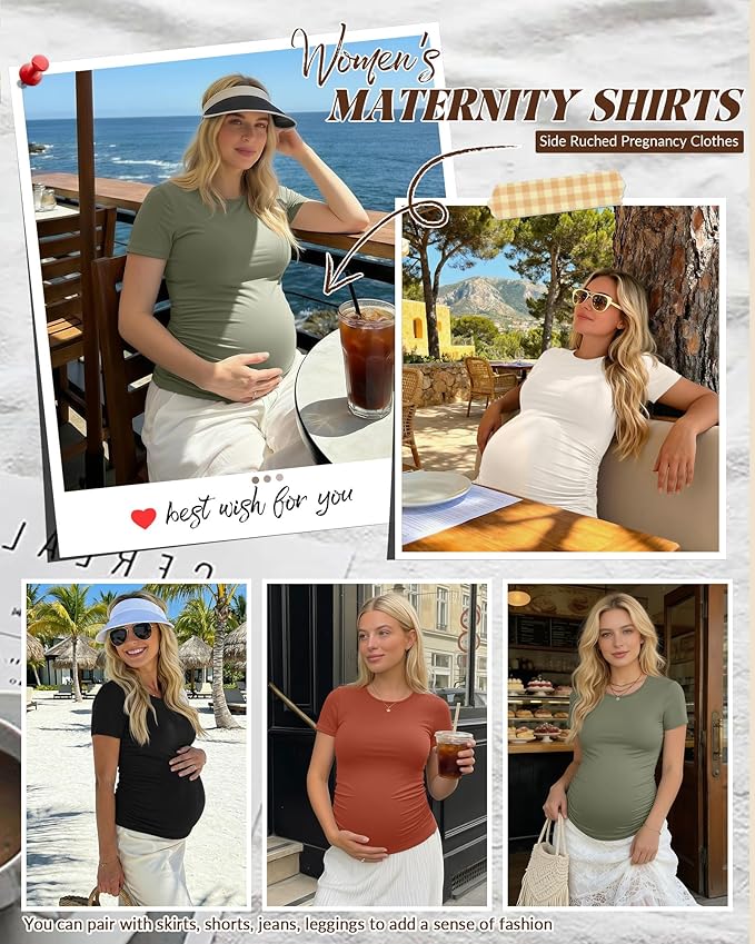 Huukeay 4 Pack Women's Maternity Shirts, Crew Neck Maternity Top Short Sleeve Casual Cotton Tee Side Ruched Pregnancy Clothes