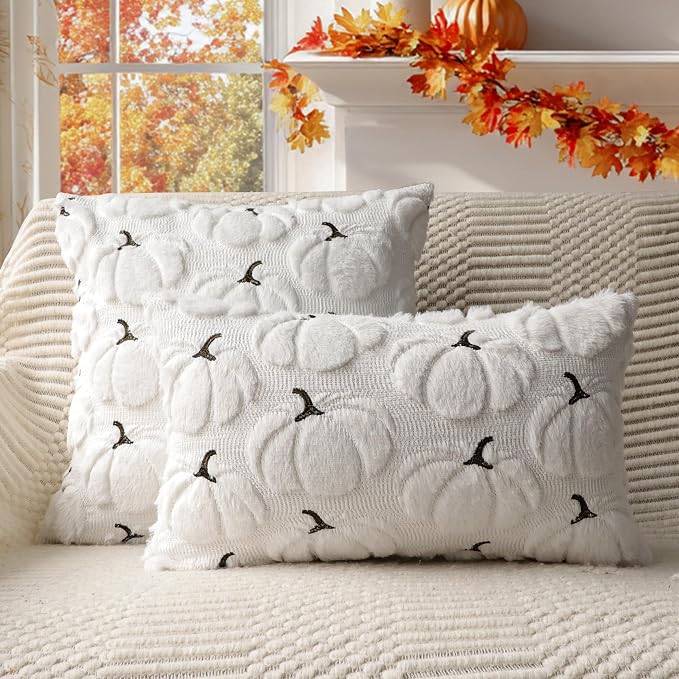 Fall Pumpkins Decorative Pillow Covers 16x16 Set of 2, White Soft Plush Faux Fur Wool Farmhouse Throw Cushion Cases for Autumn Thanksgiving Holiday Home Decorations