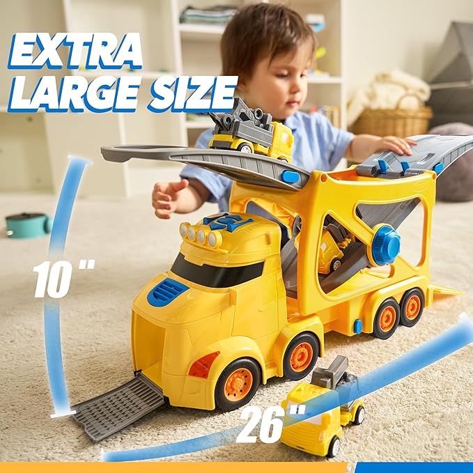 Vroomix Extra Large Toy Trucks for Toddlers, 3-Layer Construction Trucks for Boys, 7-in-1 Big Carrier Truck with Siren & Lights and 6 Toy Cars, Christmas Birthday Gifts for Boys Kids