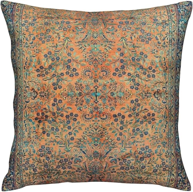 Manchester Kashan Floral Persian Carpet Print Art Pillow Covers Decorative Square Throw Pillowcase 18x18 Inch Couch Cushion Cover for Home Decor Living Room Bedroom College Dorm Bed Car Sofa