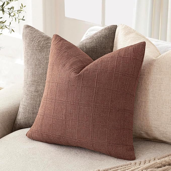 Foindtower Set of 2 Decorative Linen Check Throw Pillow Covers Neutral Farmhouse Vintage Cushion Covers Modern Boho Home Decor for Sofa Chair Couch Bedroom Living Room,26×26 Inch,Autumnal Red