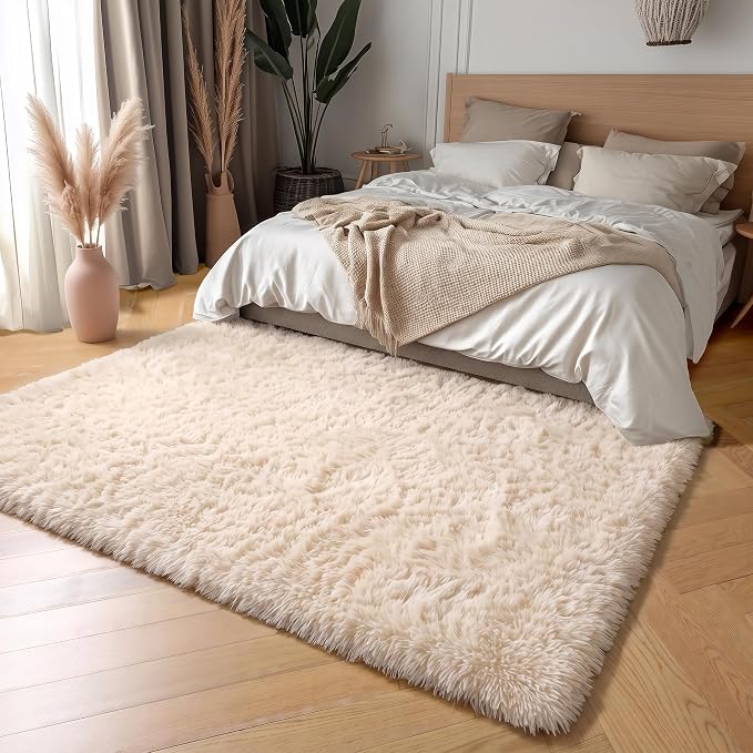 Amdrebio Beige Area Rugs for Living Room Bedroom, 6x9 Fluffy Plush Shag Furry Neutral Rug for Kids Room Decor Aesthetic, Soft Shaggy Fuzzy Cute Tan Carpet for Teens Baby Nursery Playroom Preppy Dorm