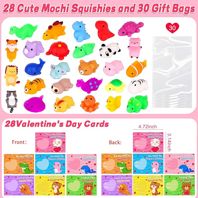 28 Pack Kids Valentines Day Cards with Cute Mochi Squishies Valentines Day Gifts for Kids Classroom, Valentines for Kids School Valentines for Class Exchange Cards Prizes Party Favors for Boys Girls