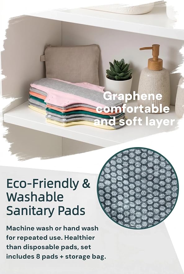 Washable Menstrual Pads,Graphene Cotton Cloth Reusable Incontinence Pads,Sanitary Napkins,with 1 Storage Bag,Panty Liners Pads,Period for Woman Postpartum/Incontinence(Colorful/L/8pcs)
