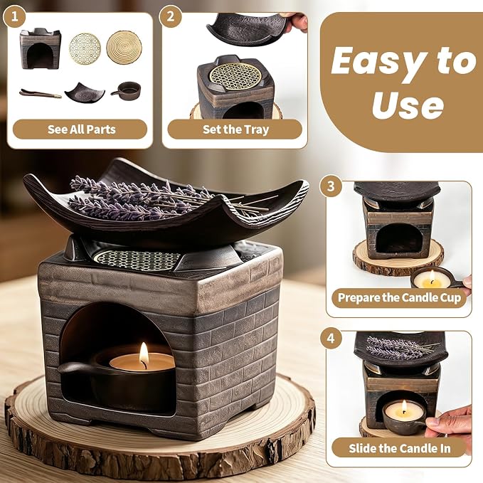 Tiiyee Ceramic Aromatherapy Stove Essential Oil Burner, Herb Burner & Candle Wax Melt Warmer with Tealight Holder Handmade Zen Incense Burner for Home Office Fragrance & Meditation Yoga & Relaxing