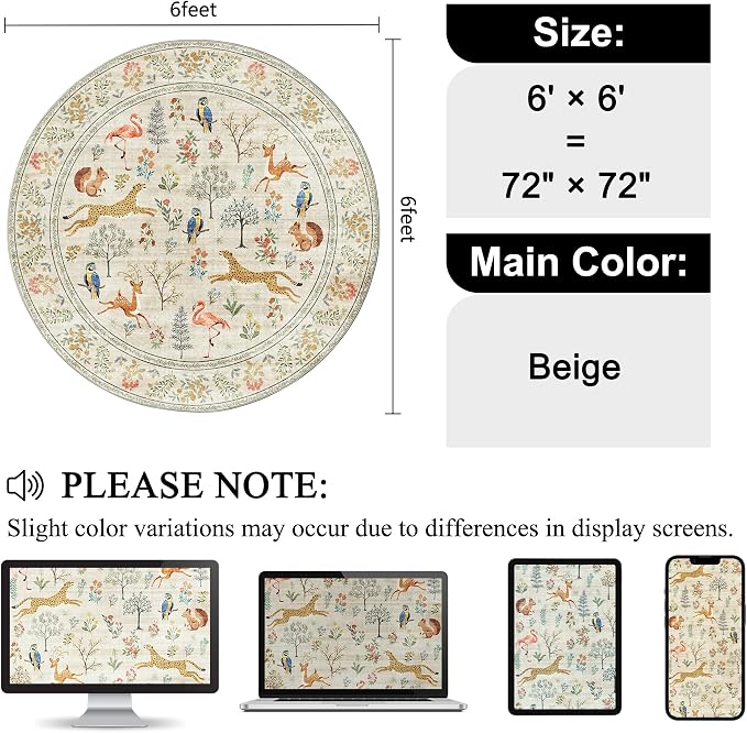DUKINO 6ft Round Rug for Bedroom, Washable Soft Non Slip Circle Rug, Beige | Low Pile, Stain Resistant, Animal Indoor Carpet for Living Room, Kitchen, Dining Room, Nursery, Farmhouse, Pet Friendly