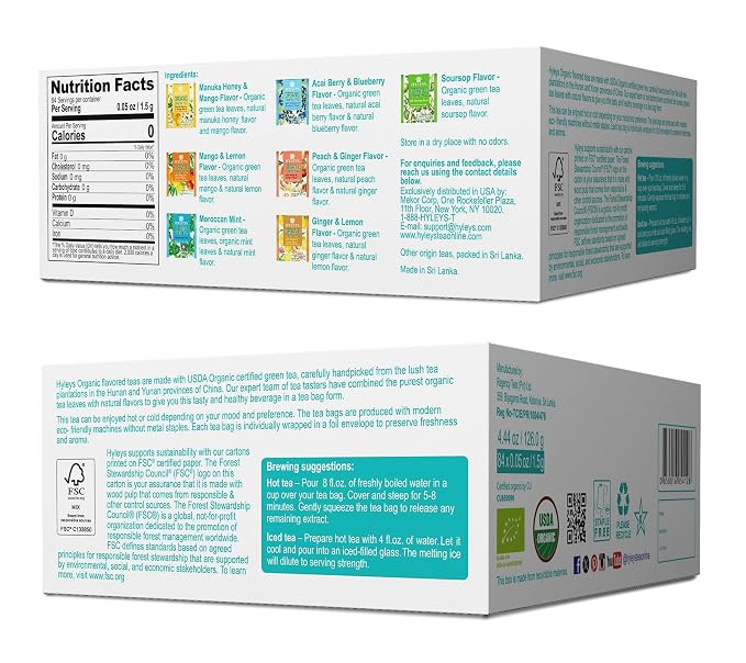 HYLEYS Organic Green Tea, With 7 Assorted Flavors 84 Individually Wrapped Tea Bags - Includes Soursop, Blueberry, Moroccan Mint and More - USDA Organic - Kosher & Vegan
