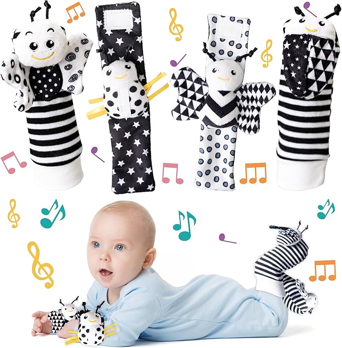 Infant Toys 0-6 Months, Newborn Baby Toys Rattle Socks | 4PCS Wrist Rattles Foot Finders Sock Set - Newborn/Babies Essentials Must Haves for 0-6-12 Months Gifts…
