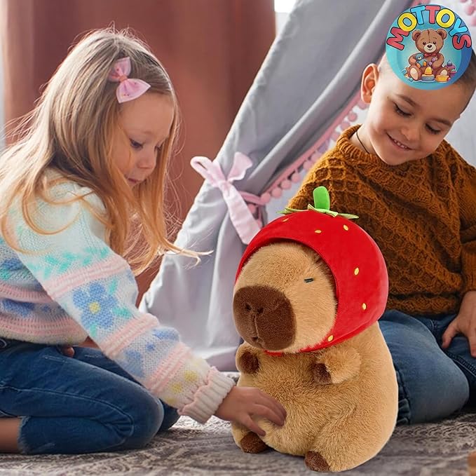 Capybara Cute Plush - 8 inch Stuffed Animal Plushies - Children's Toy with Turtle Backpack - Soft Pillow for Home Decorations - Hugging Figures for Boys and Girls (Capybara with Strawberry)