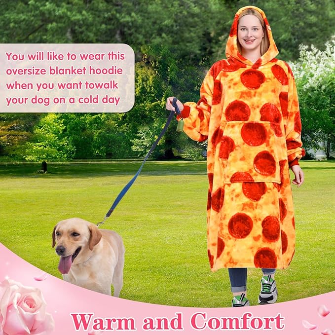 Waitu Wearable Blanket Sweatshirt Gifts for Women and Men, Warm and Cozy Giant Blanket Hoodie, Thick Flannel Blanket with Sleeves and Giant Pocket - Pizzas Red