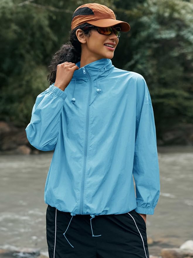 Yousify Womens Waterproof Rain Jackets Lightweight Zip Up Raincoat Outdoor Hiking Hooded Windbreaker with Pocket