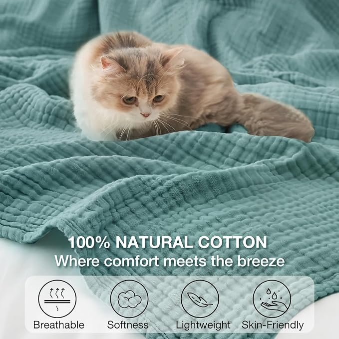 100% Cotton Muslin Blanket Twin 60" x 80", Breathable and Lightweight Cotton Twin Blankets for Couch, Soft Cooling Summer Gauze Blanket for Adults All Season, Teal Blue
