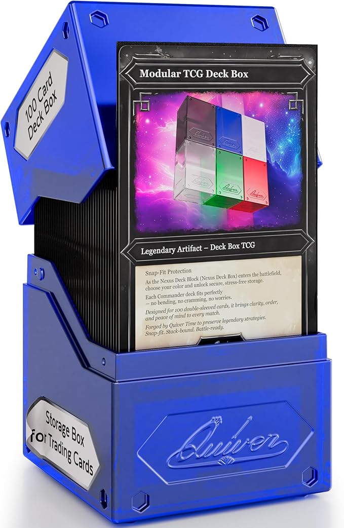 Quiver Time 360° Modular Nexus DeckBlock - Durable Stackable MTG Deck Box for Commander fits 100+ Cards | Stylish 100 Card Deck Box MTG | Interchangeable TCG Decks Boxes (1 pcs, Blue)