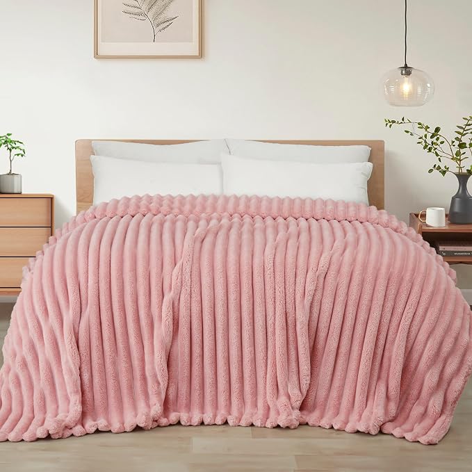 Exclusivo Mezcla Striped Queen Size Fleece Blanket for Bed, Couch, 90"x90" | Soft Breathable Cozy Bed Blankets, Lightweight Plush Fluffy Fuzzy Jacquard Decorative Blankets