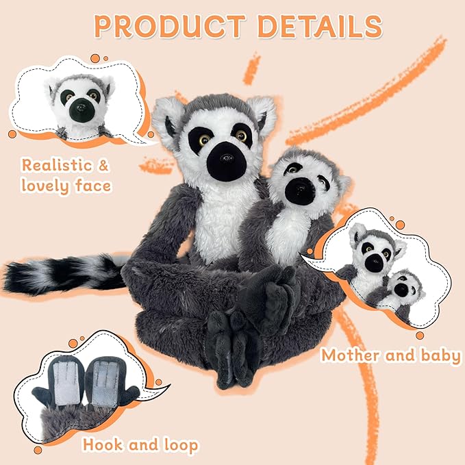 2pcs Lemur Hanging Stuffed Animal Mother with Baby Hangs Plush Toys, Hooks and Stuffed Animals with Rings for Kids 4-8, Gifts for Boys and Girls