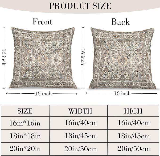 Boho Floral Throw Pillow Covers 16x16 inch Set of 2,Grey Boho Rug Geometric Floral Pattern Decor Double Sided Pattern Cushion Cover Soft Pillow Case Living Sofa Room Bed Square Pillow Cover