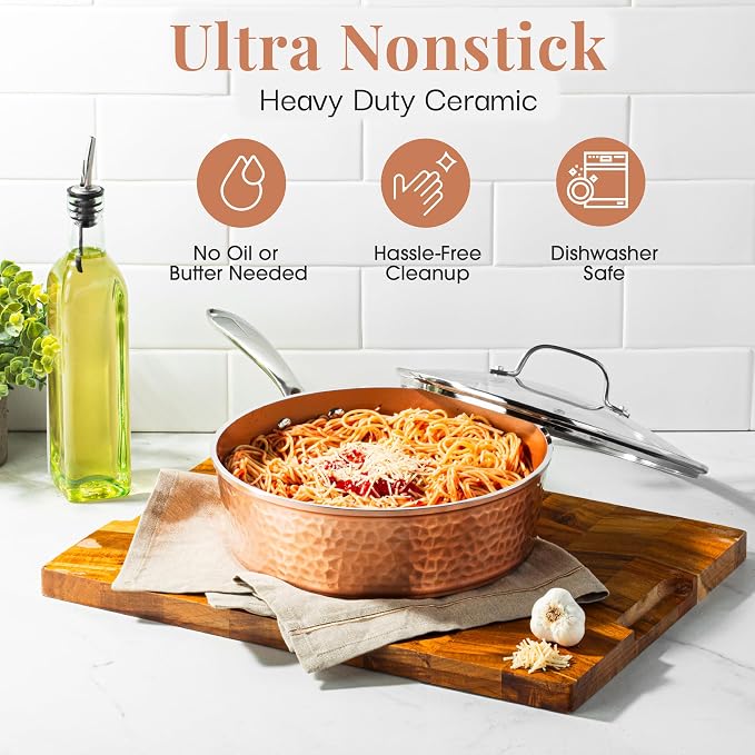 GOTHAM STEEL 4 Qt Saute Pan with Lid, Large Nonstick Skillet for Cooking, 12” Hammered Deep Frying Pan, Family Sized Pans, Ceramic Coating for Sauce, Induction Ready Oven & Dishwasher Safe, Non Toxic